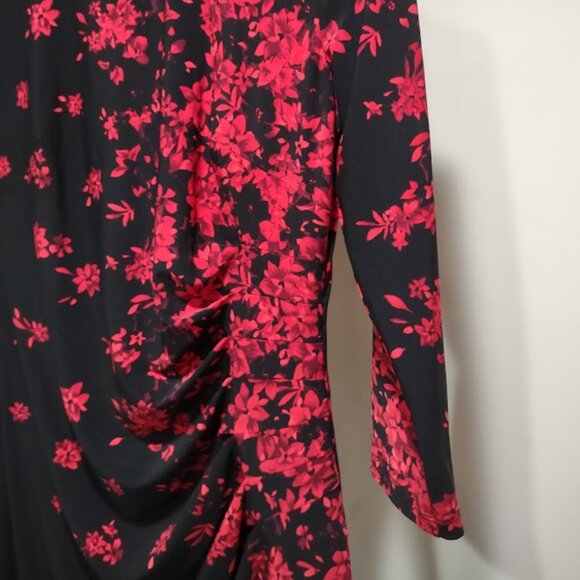 ANNE KLEIN RED AND BLACK LONG SLEEVES RUCHED FORMALMIDI DRESS WOMEN'S SIZE 8 - Picture 4 of 14